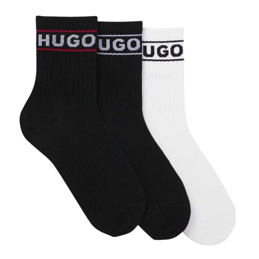 Hugo Mens Qsrib Sporty Lettering Crew Socks (Pack of 3) / White/Black